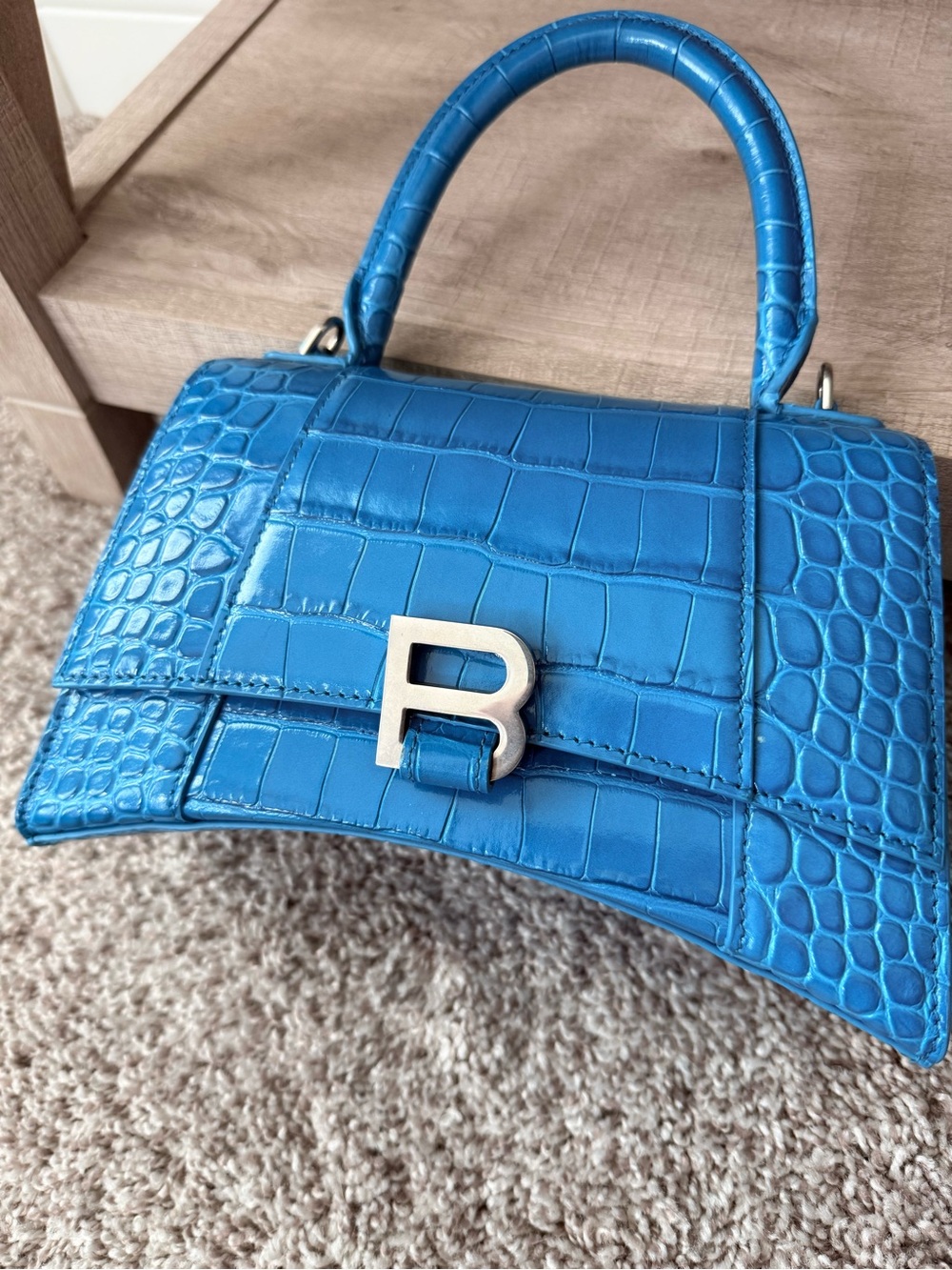 BALENCIAGA XS Hourglass Croc-Embossed Top Handle Bag with Silver 'B' Closure